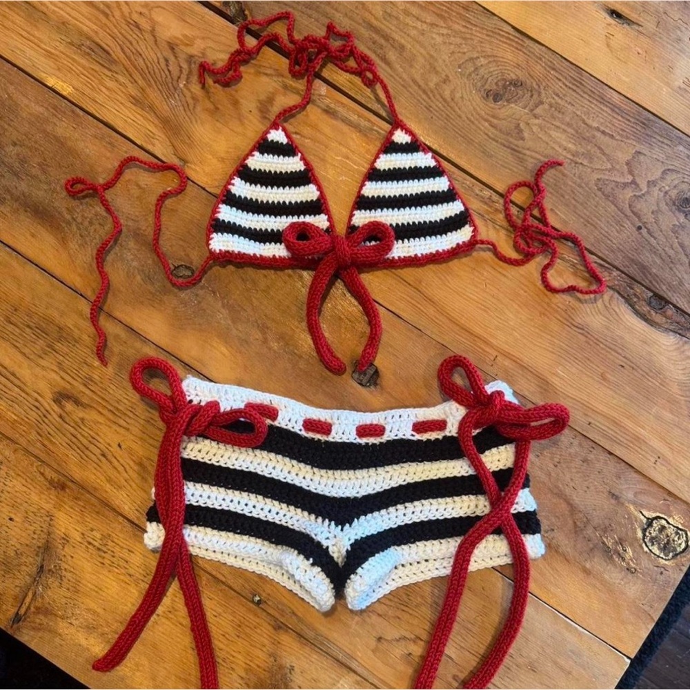 Crochet Striped Red and Black Bikini Set